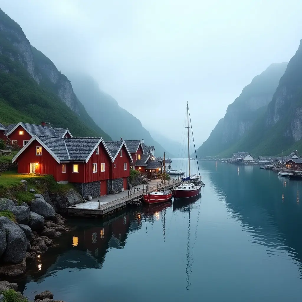 Idyllic fjord scene with red houses, boats, and misty mountains.