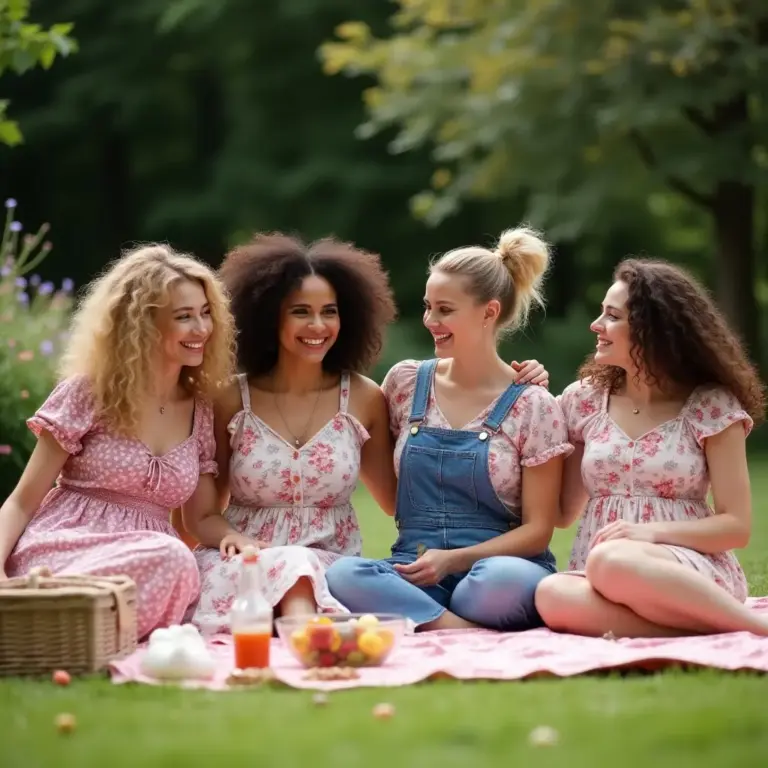 Four smiling women having a picnic on a grassy area, surrounded by nature and food.