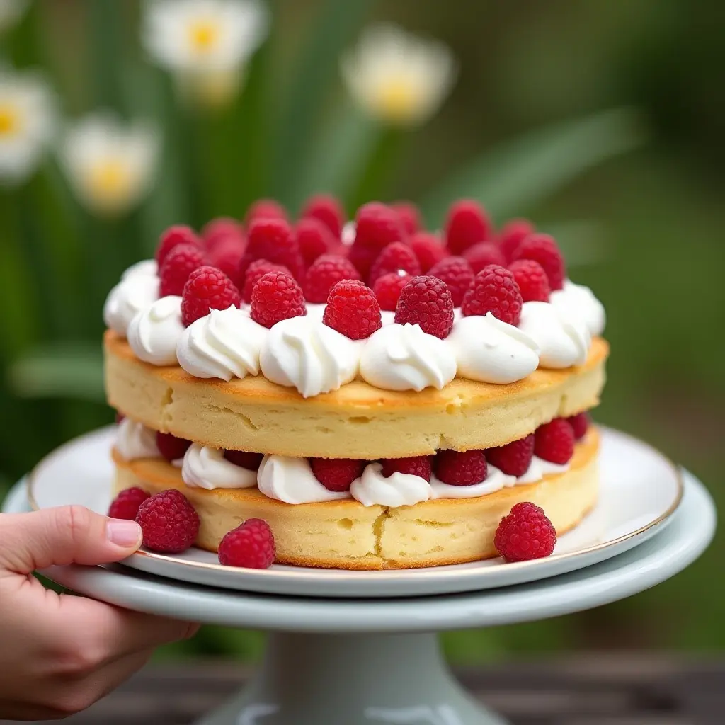 Vanilla Sponge Cake with Raspberries