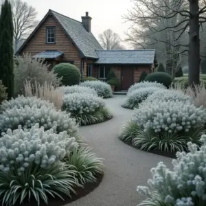 Cozy cottage surrounded by frosty flowering plants and a winding path.