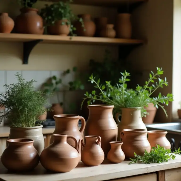 Clay pottery displayed on a wooden table with herbs and plants in a cozy kitchen setting.