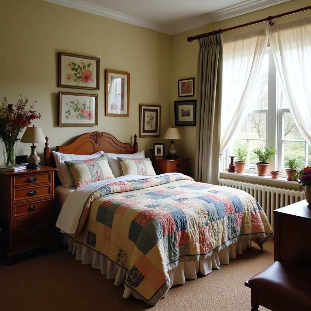 Cozy bedroom with a colorful quilt, plants, and framed art. Natural light through large window.