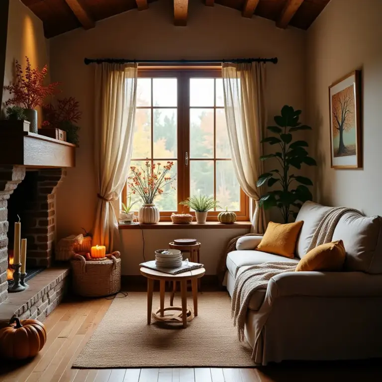 Cozy living room with a fireplace, plants, and autumn decorations.