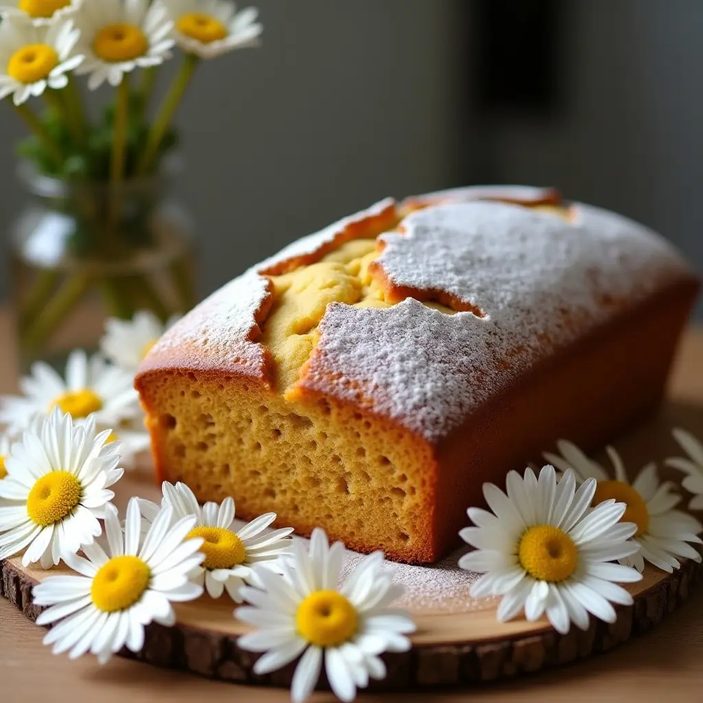 A sliced loaf cake dusted with powdered sugar, surrounded by daisies.