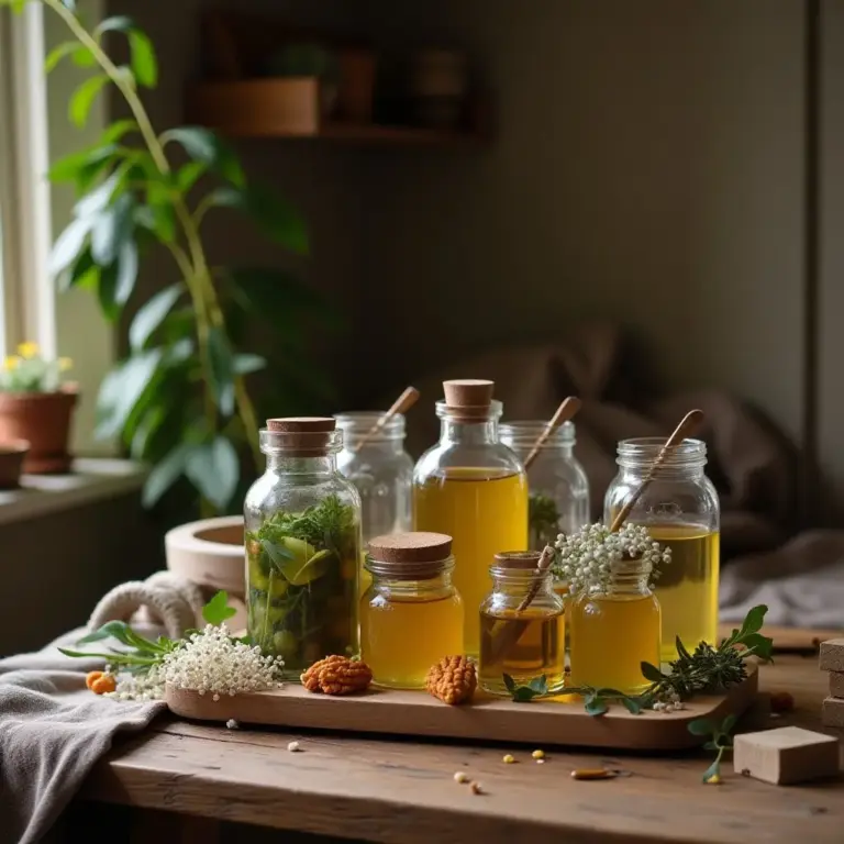 Bottles of herbal oils and natural ingredients on a wooden tray.