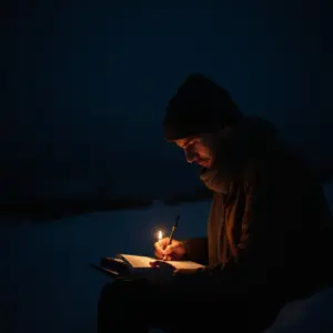 A man writes in a notebook by candlelight in a dark, snowy setting.