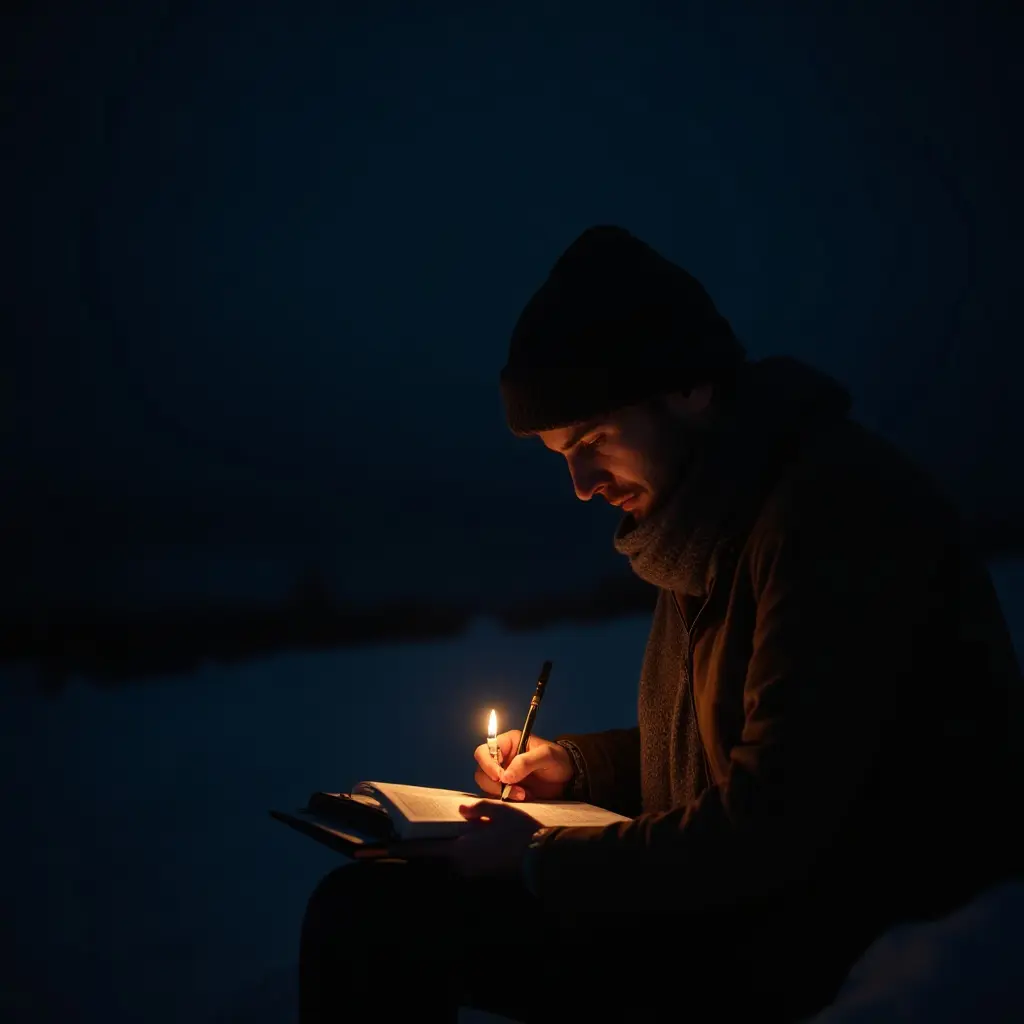 A man writes in a notebook by candlelight in a dark, snowy setting.