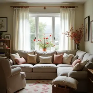 Cozy living room with light curtains, a comfortable sofa, and potted flowers by the window.