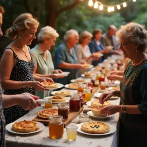 Group of people enjoying a communal meal outdoors, serving pies and drinks. Decorative string lights in the background.