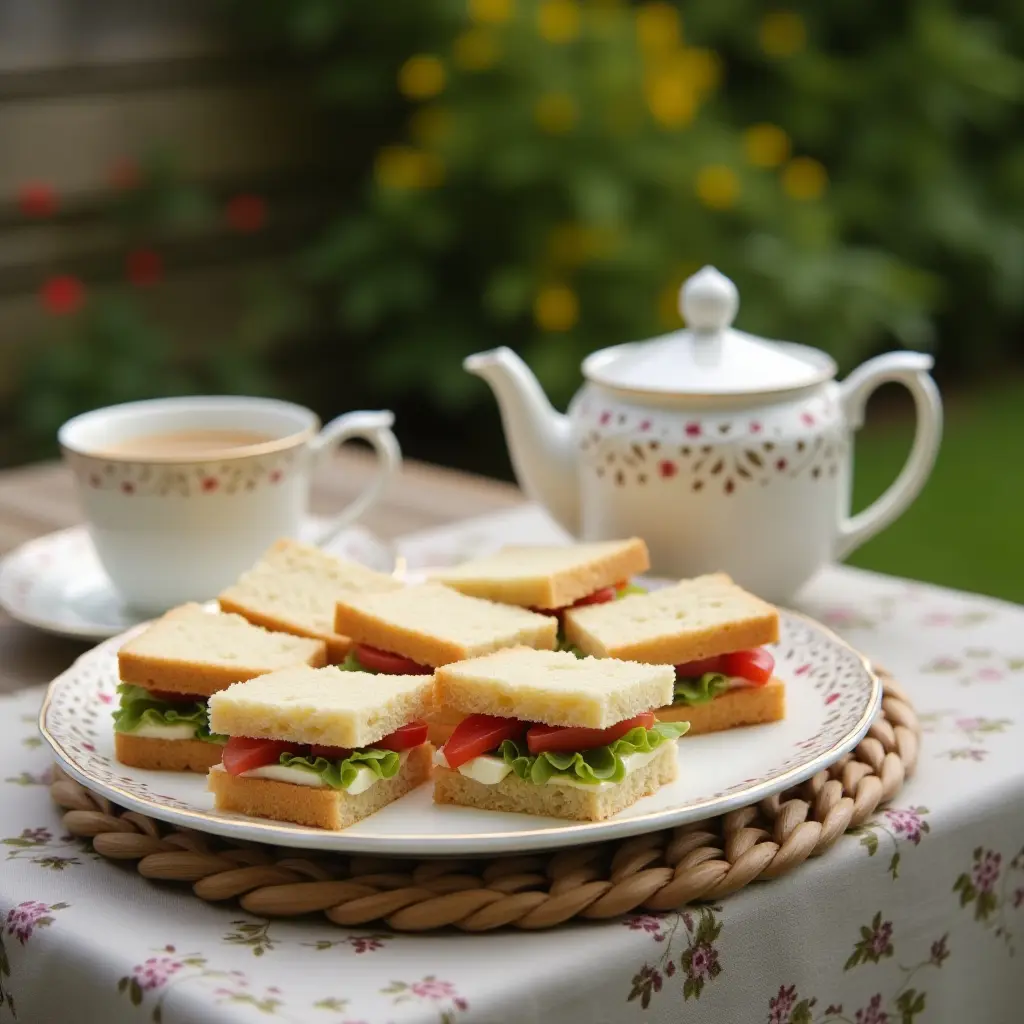 A plate of sandwiches with tea and a teapot on a floral tablecloth outdoors.