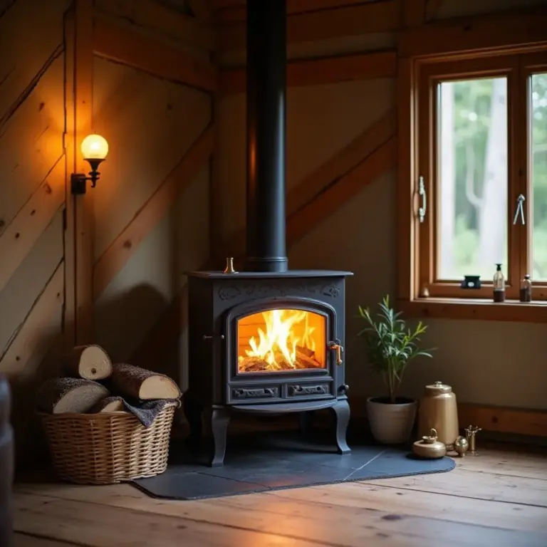 Cozy room featuring a wood-burning stove, fire, and wooden accents.