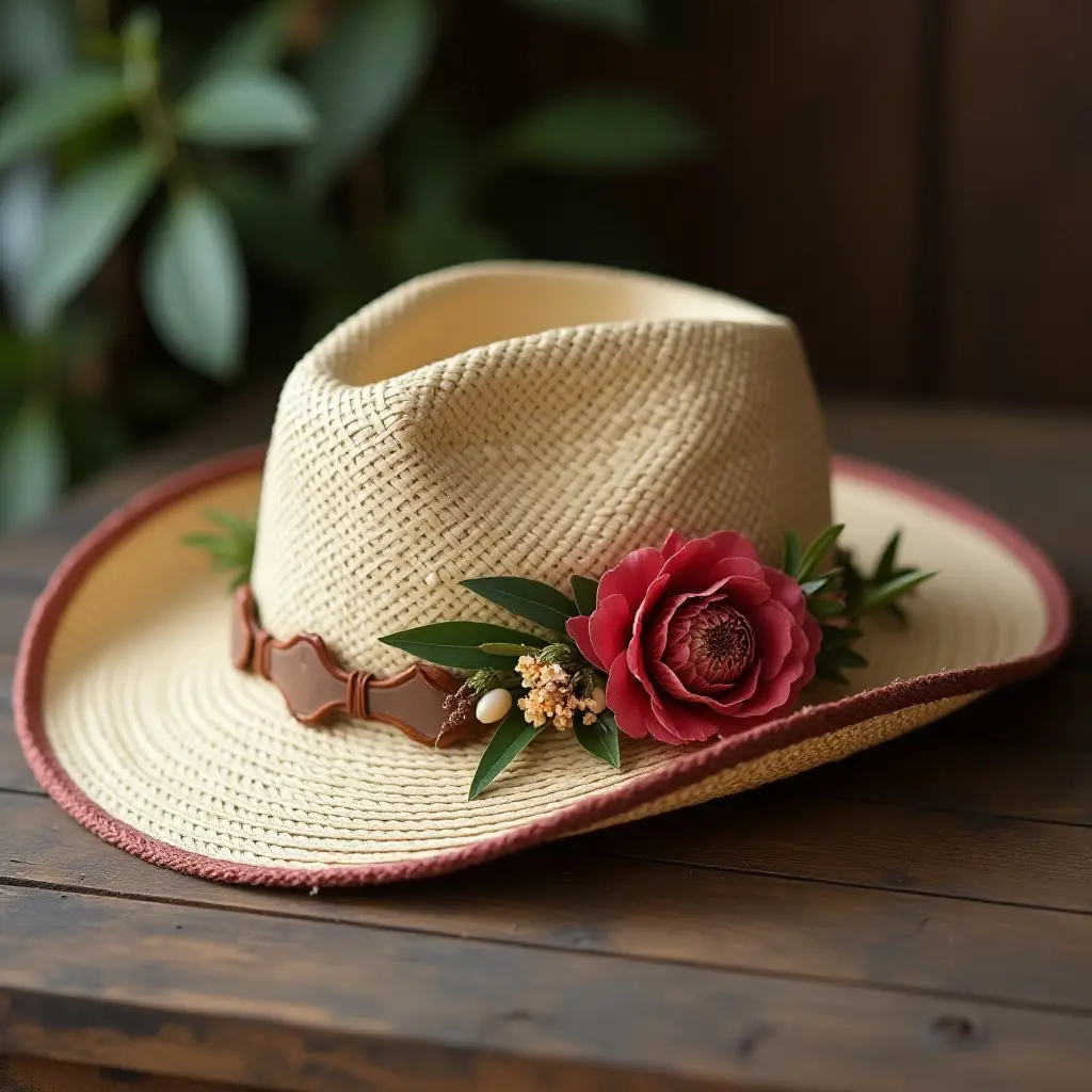 A straw hat adorned with a red flower and greenery, resting on a wooden surface.