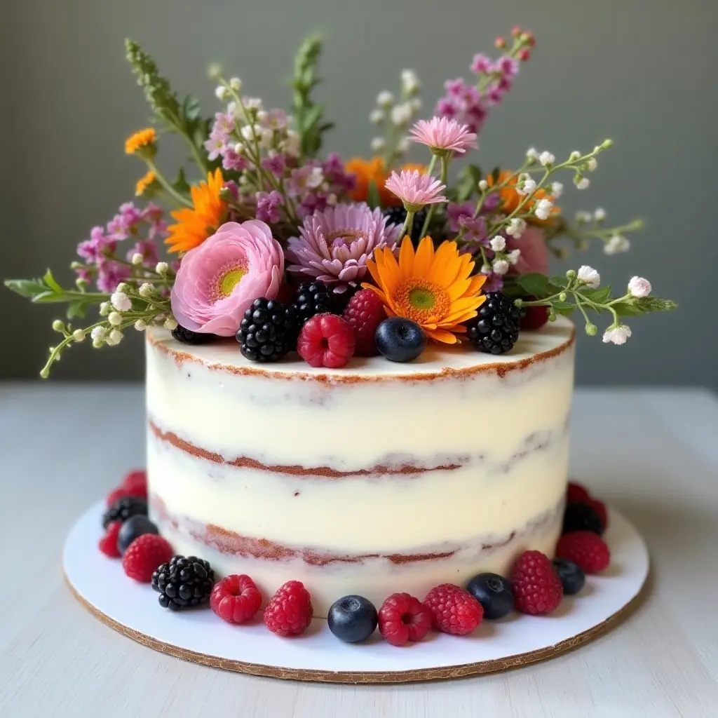 A layered cake topped with colorful flowers and mixed berries.