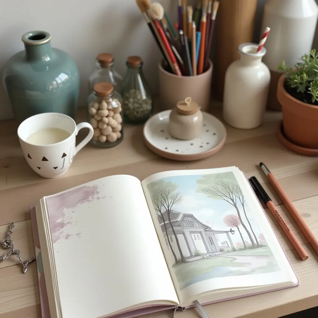 A cozy desk with a watercolor sketchbook, plants, and art supplies.