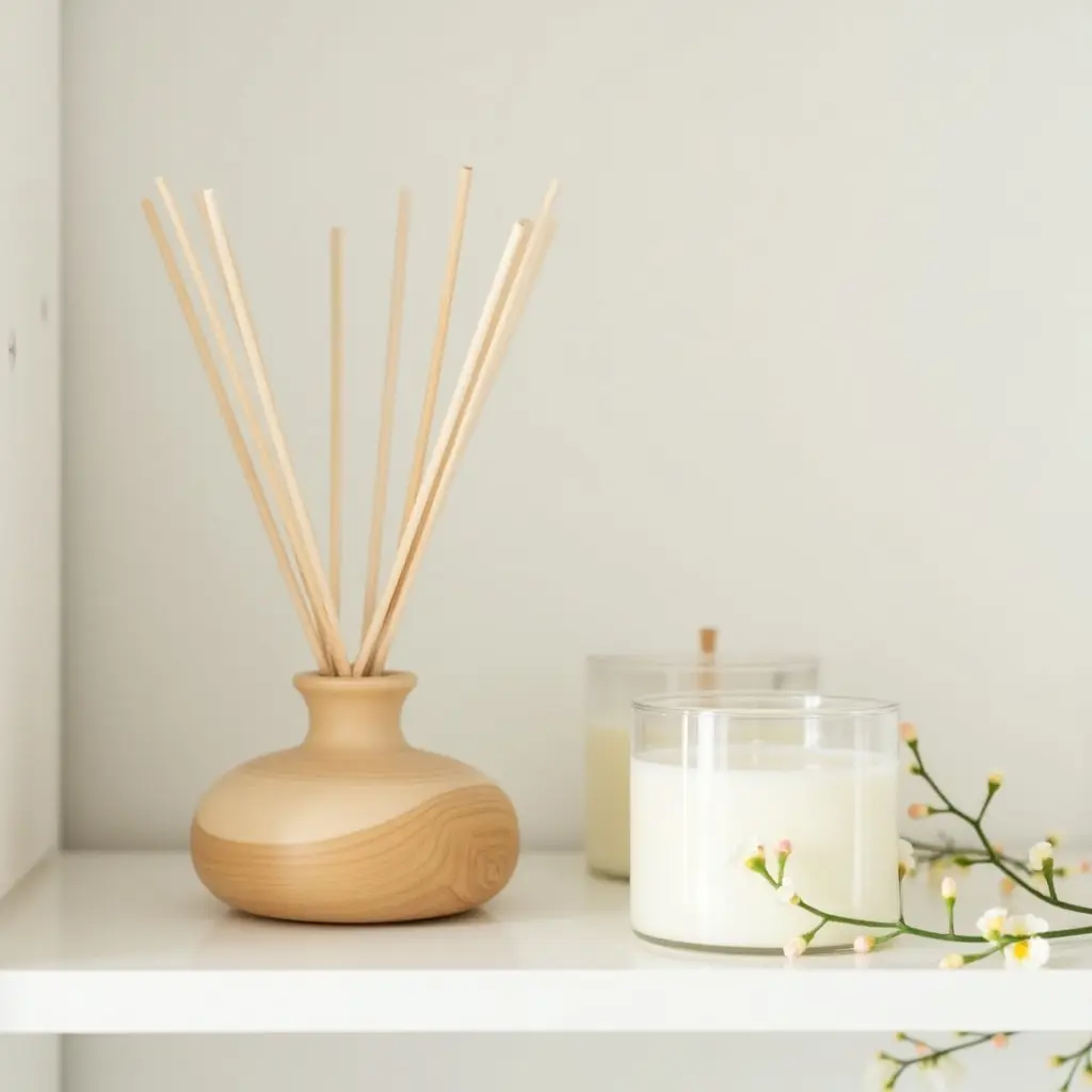 A wooden diffuser next to two candles on a white shelf.