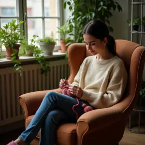 Woman knitting in a cozy chair surrounded by plants. Soft sunlight illuminates the room.