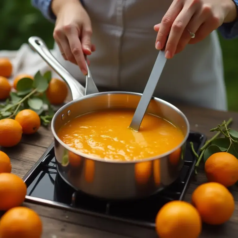 Hands stirring orange sauce in a pot surrounded by fresh oranges.