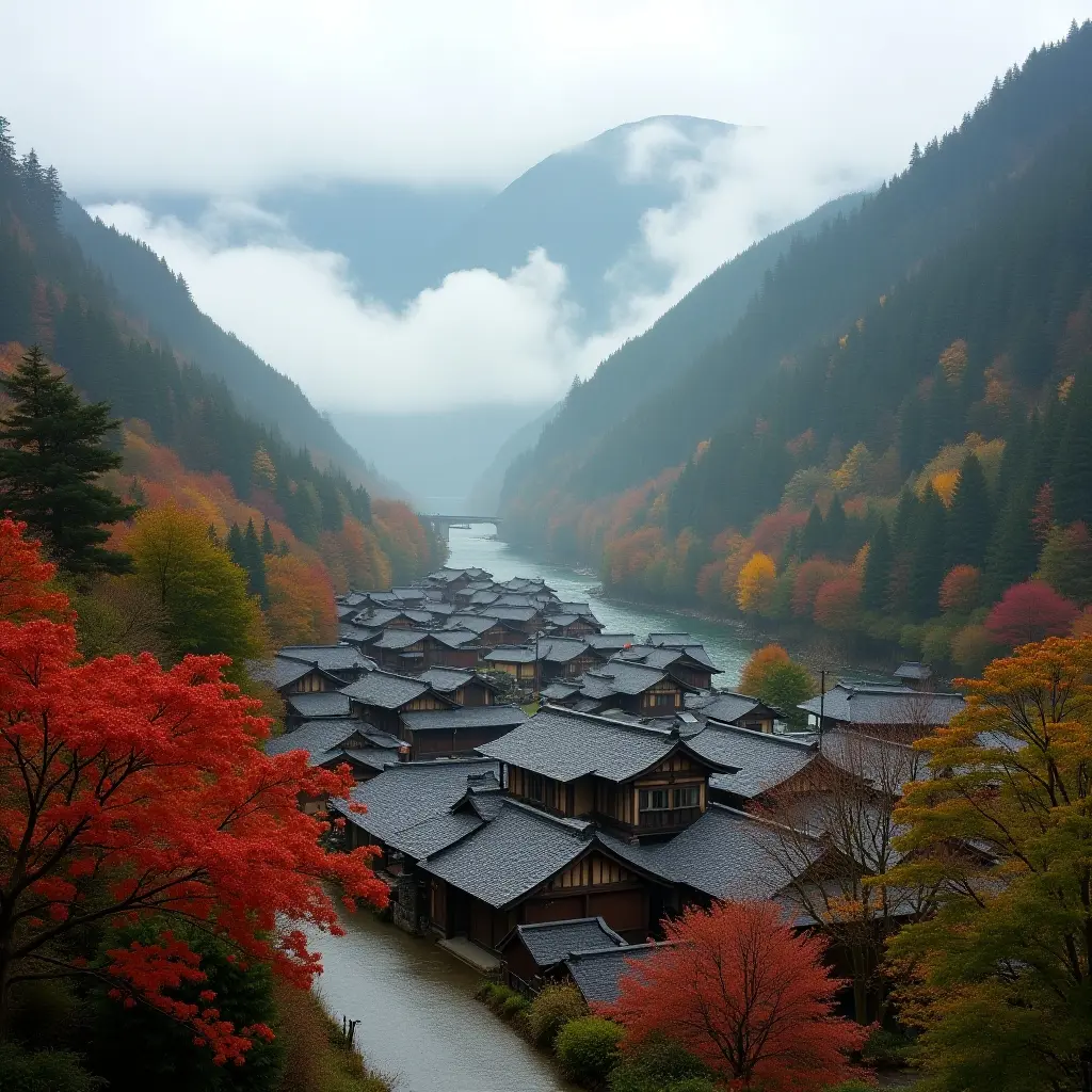 A misty mountain village in Japan