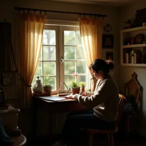 Person writing at a wooden desk by a window with plants, softly lit by natural light.