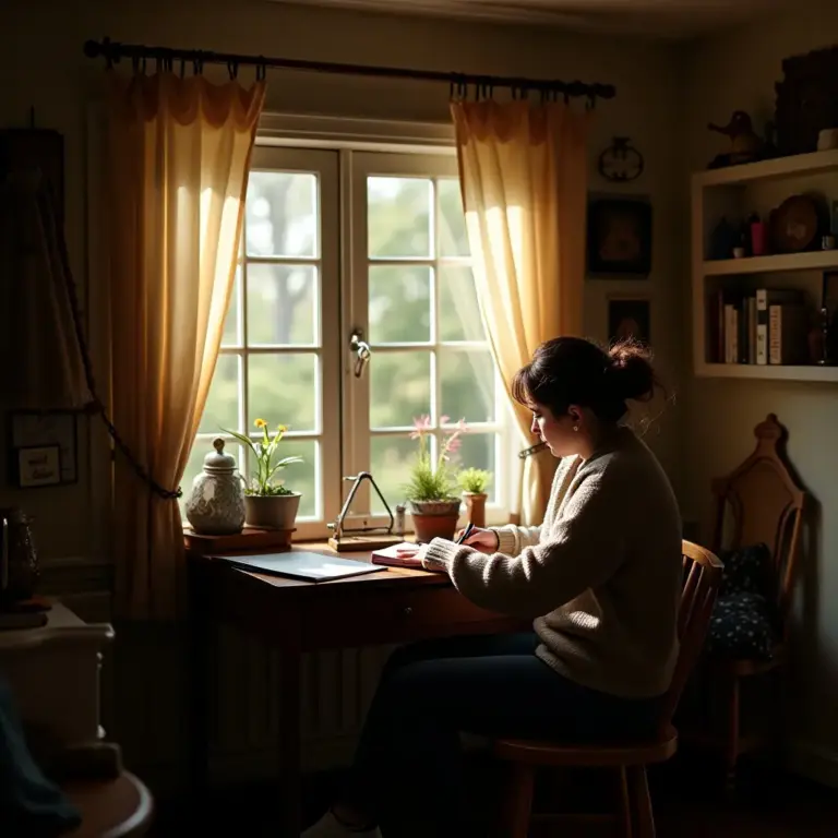 Person writing at a wooden desk by a window with plants, softly lit by natural light.