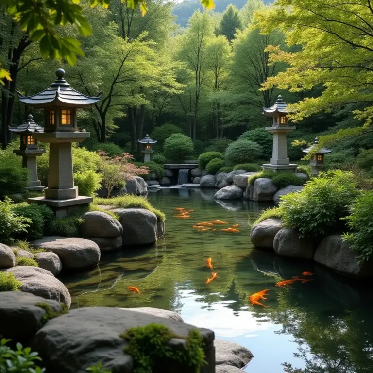 Serene garden pond with koi fish, stone lanterns, and lush greenery.