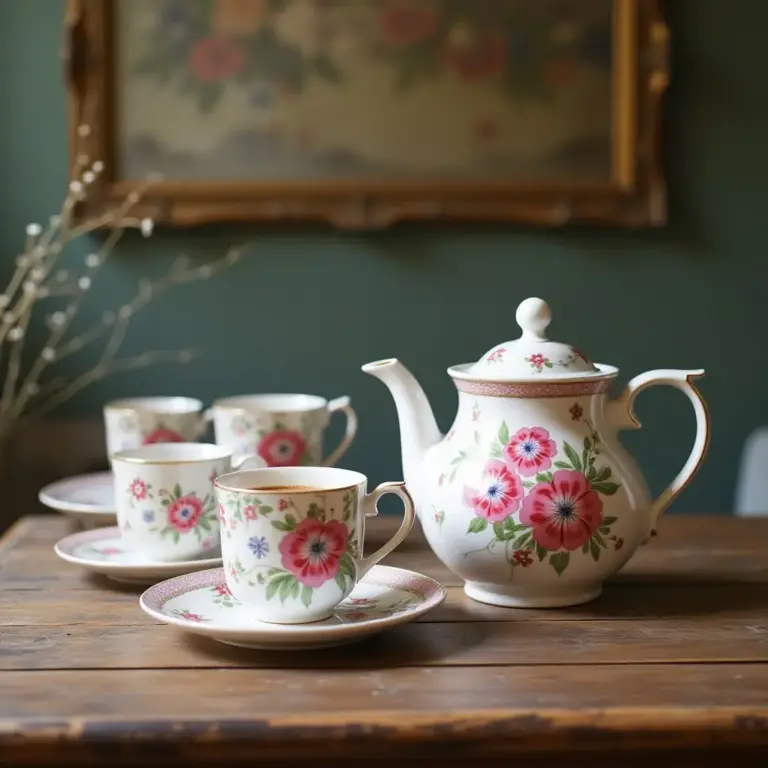 Teapot and floral teacups set on a wooden table.