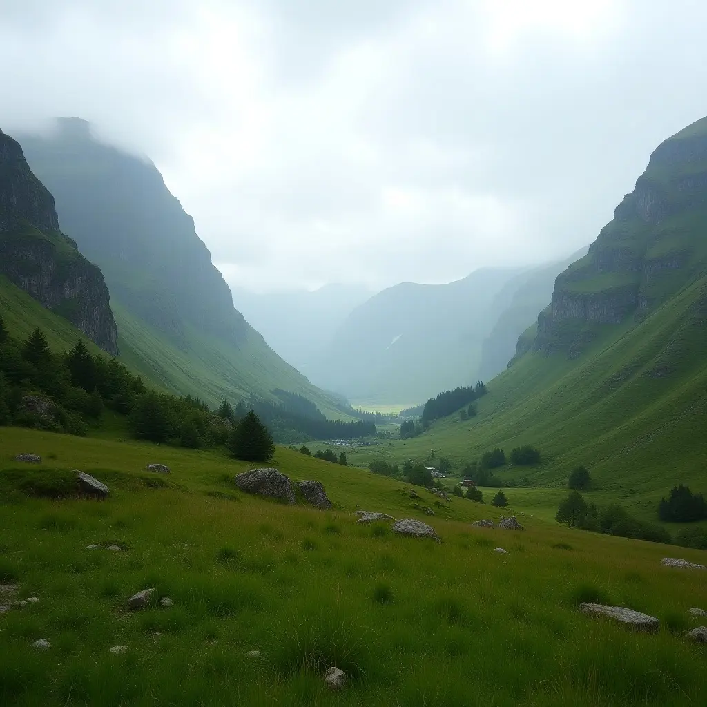 Misty green valley surrounded by towering mountains under cloudy sky.