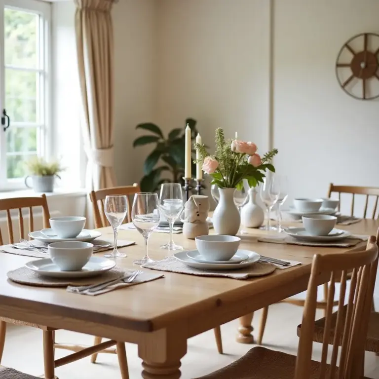 A beautifully set dining table with dishes, glasses, and flowers.