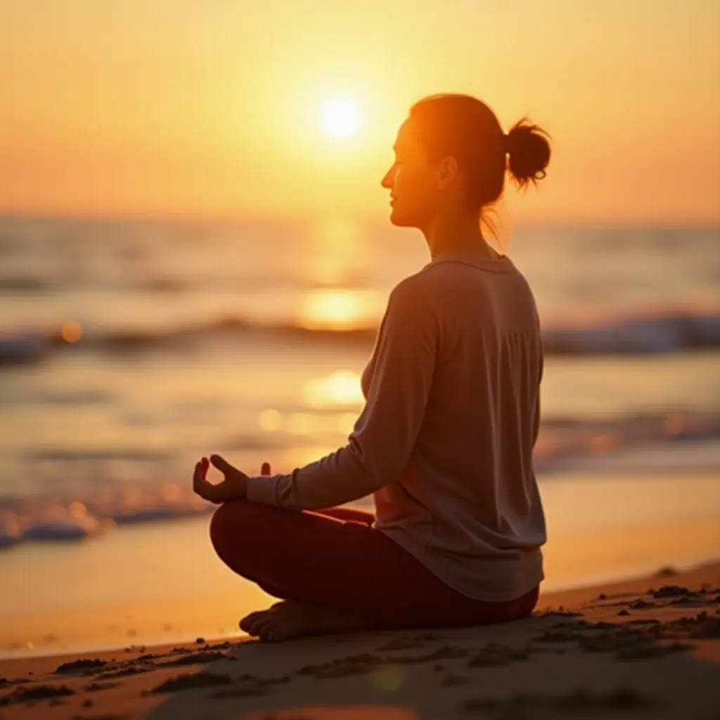 A person meditating on the beach at sunset, peaceful ocean waves in the background.