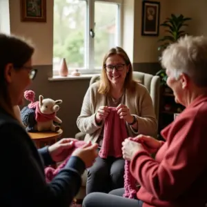 Three women knitting together in a cozy, warmly decorated room.