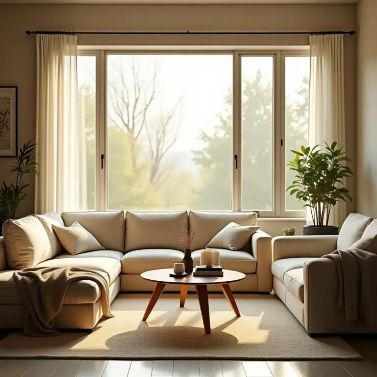 Cozy living room with a large window, light curtains, plants, and a round coffee table.