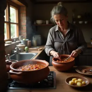 Woman cooking in a rustic kitchen, stirring a pot of stew. Steam rises from the simmering food.