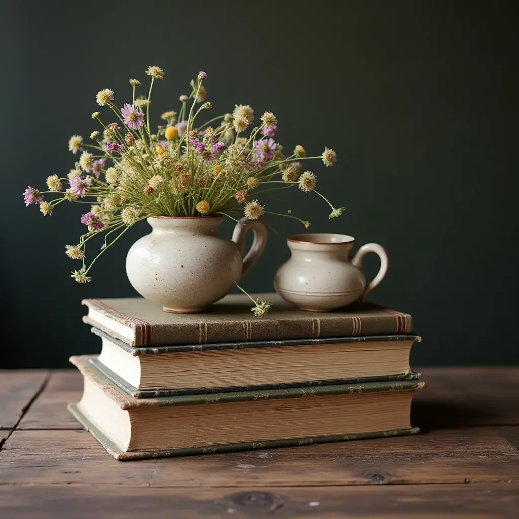 Neutral background with a vase of flowers atop stacked vintage books.