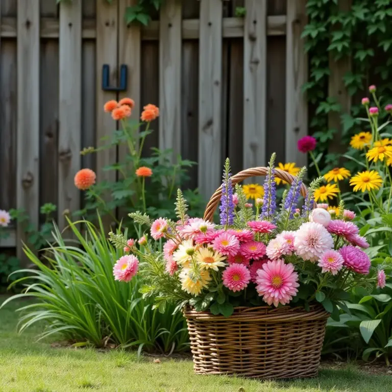 A basket filled with pink and yellow flowers in a vibrant garden background.