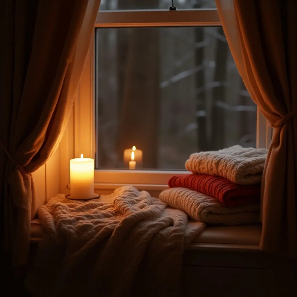 Cozy window scene with candles and stacked blankets. Soft lighting enhances a serene atmosphere.