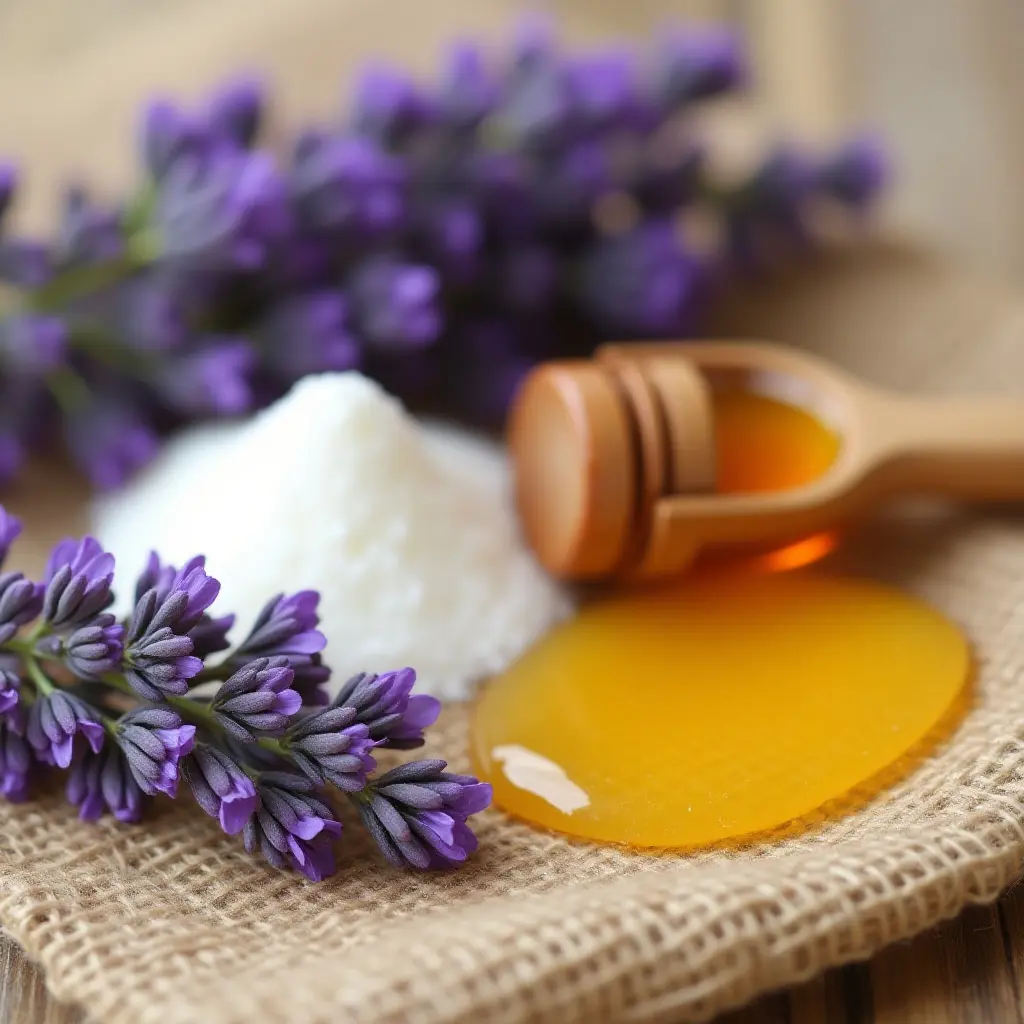 Lavender flowers, honey, and a spoon on burlap fabric.