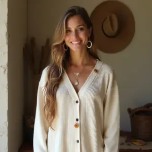 Smiling woman in a cream cardigan with layered necklaces, standing indoors.