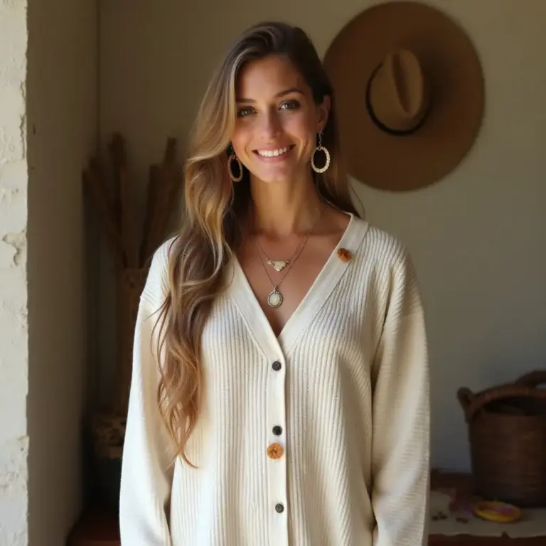 Smiling woman in a cream cardigan with layered necklaces, standing indoors.