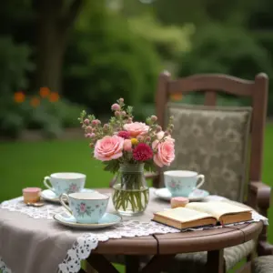 A serene outdoor tea setting with floral arrangements, cups, and a book on a table.