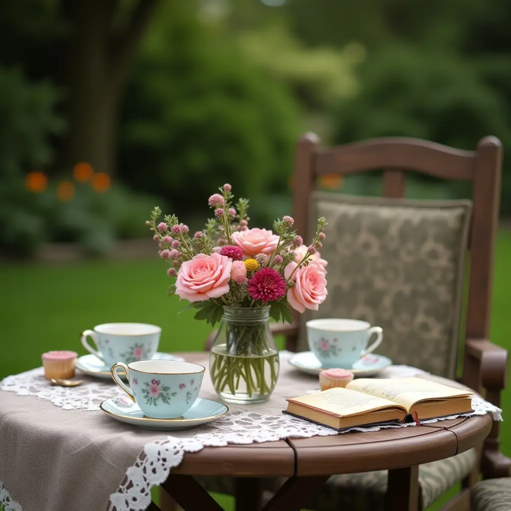 A serene outdoor tea setting with floral arrangements, cups, and a book on a table.