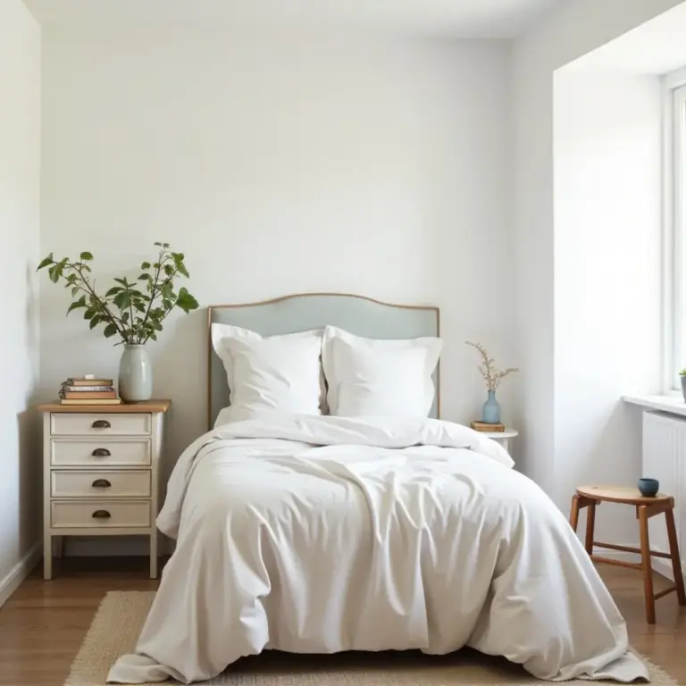 Cozy bedroom with a neatly made bed, plants, and minimalist decor. Soft natural light illuminating the space.