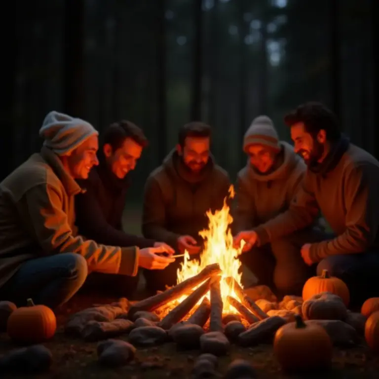 Group of friends gathered around a campfire with pumpkins in a dark forest setting.