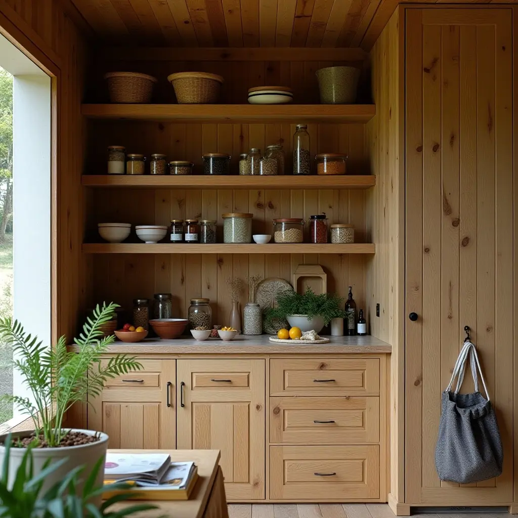 Wooden kitchen shelves stocked with jars, bowls, and fresh produce. Cozy, modern design with natural lighting.