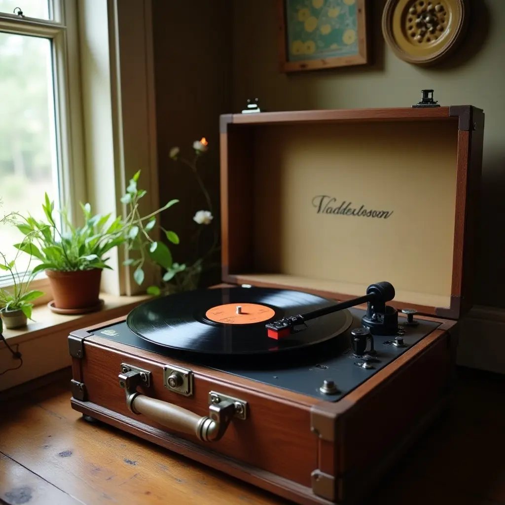 Vintage record player with a vinyl record, next to a window and potted plants.