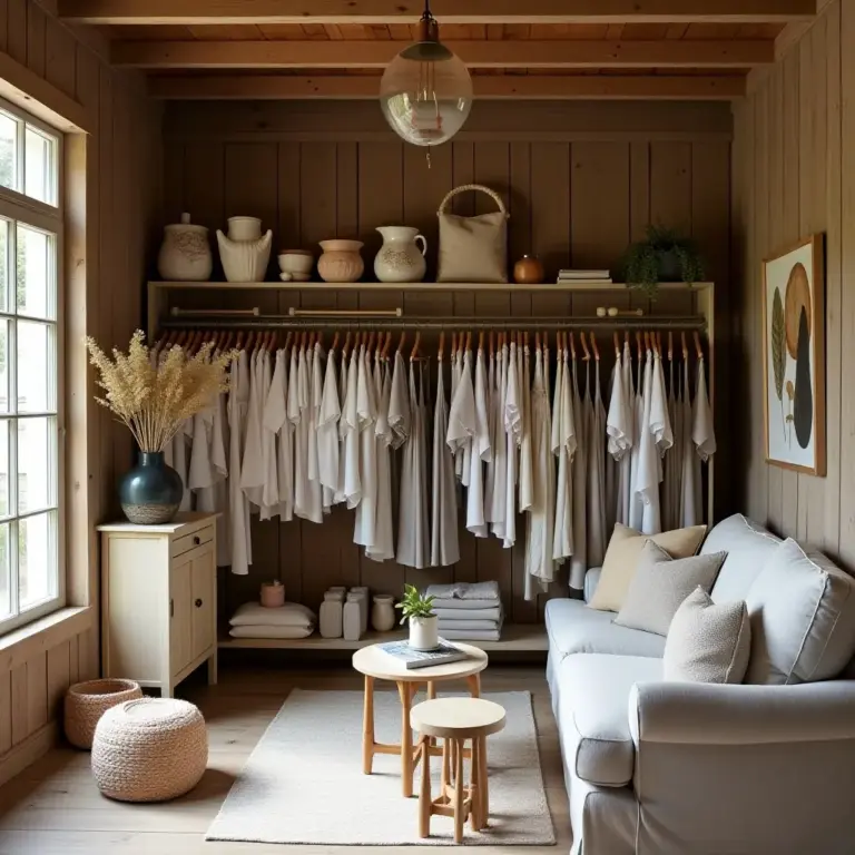 Cozy room with white clothing, a sofa, and decorative items on shelves. Natural light from a window.