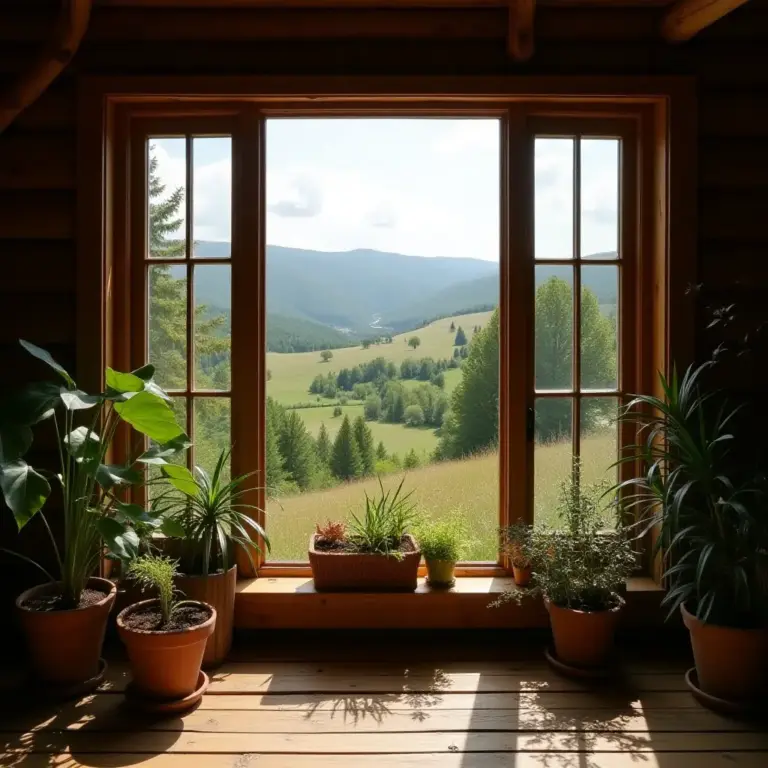 Cozy window view of a green landscape with potted plants in foreground.