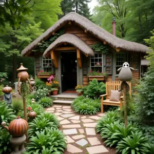 Charming cottage surrounded by lush greenery and vibrant flowerbeds. Stone pathway leading to the welcoming entrance.