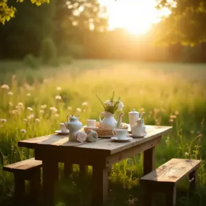 Serene outdoor tea setting on a wooden table, surrounded by greenery and sunlight.