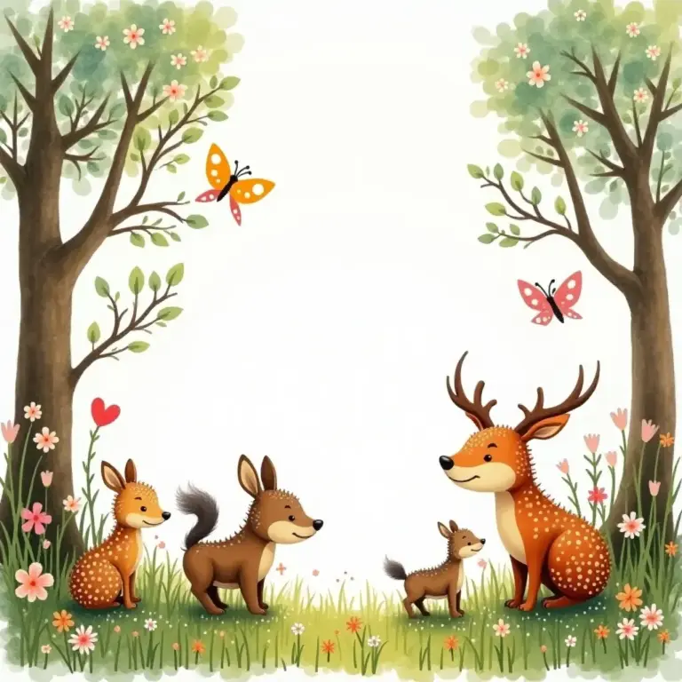 Illustration of deer and small animals in a flower-filled, whimsical forest scene with butterflies.