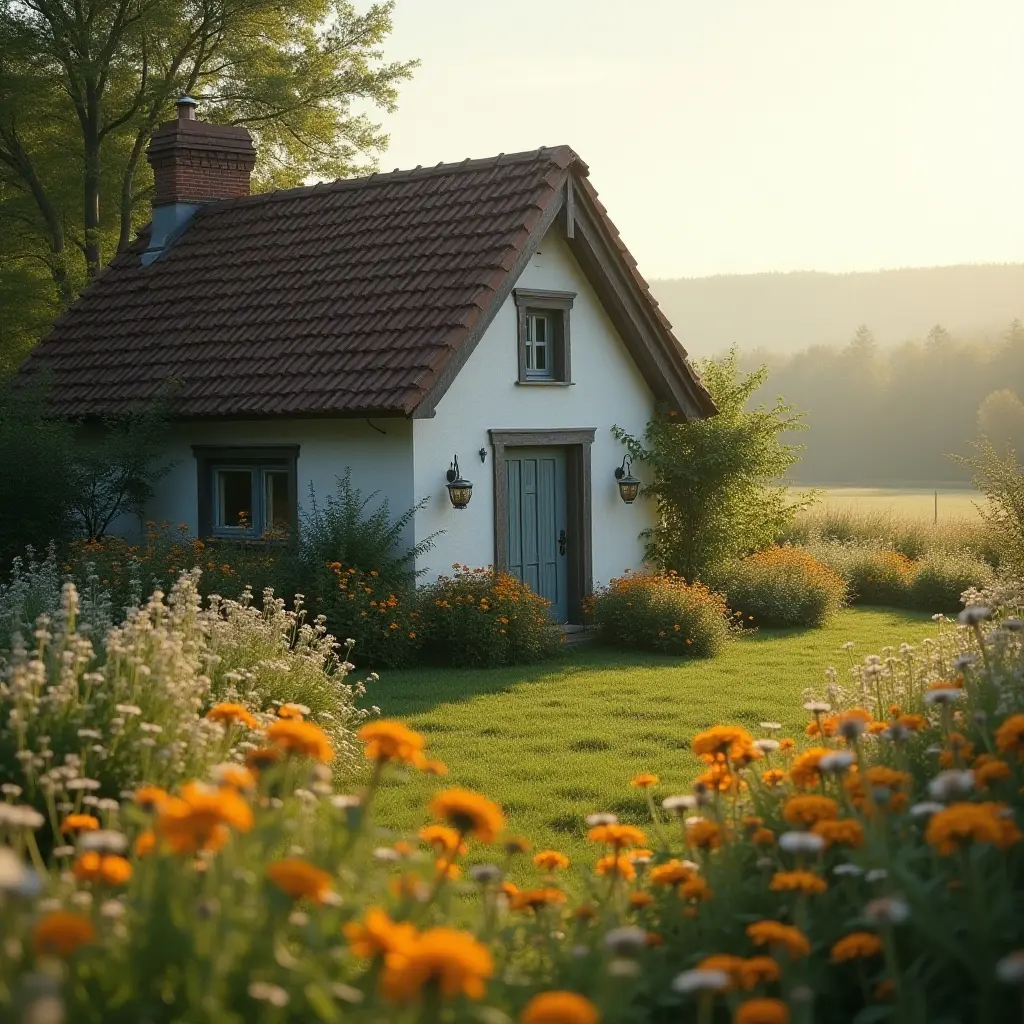 Cottagecore location with wildflowers and a quaint cottage